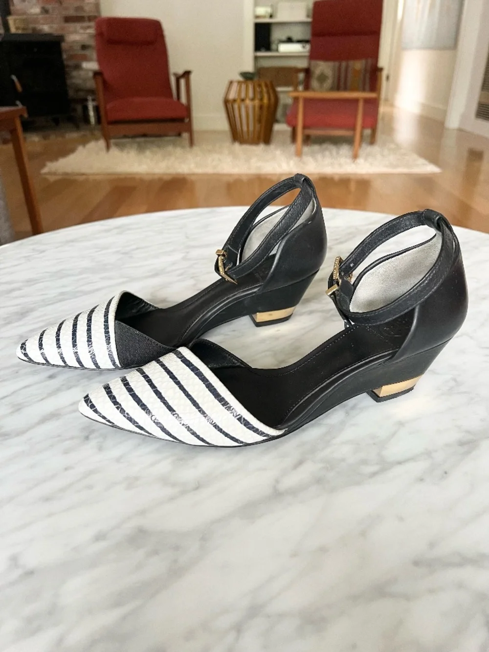 Tory Burch Navy White Striped Pointed Toe Ankle Strap Heels 6.5